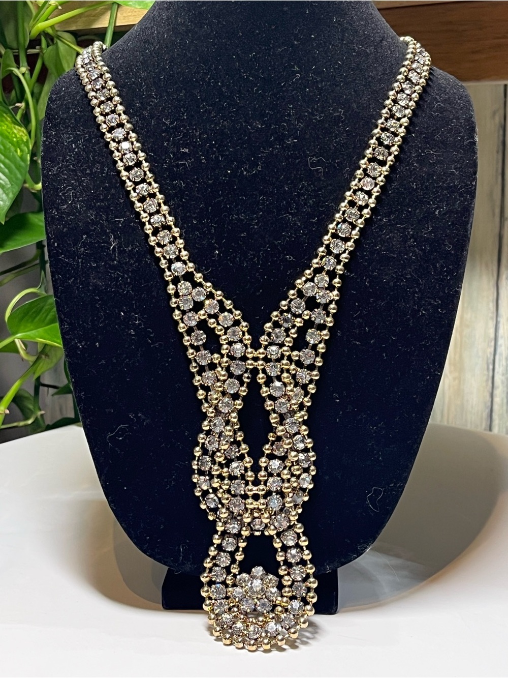 Gold Crystal Multi-Strand Statement Necklace with Matching Studs